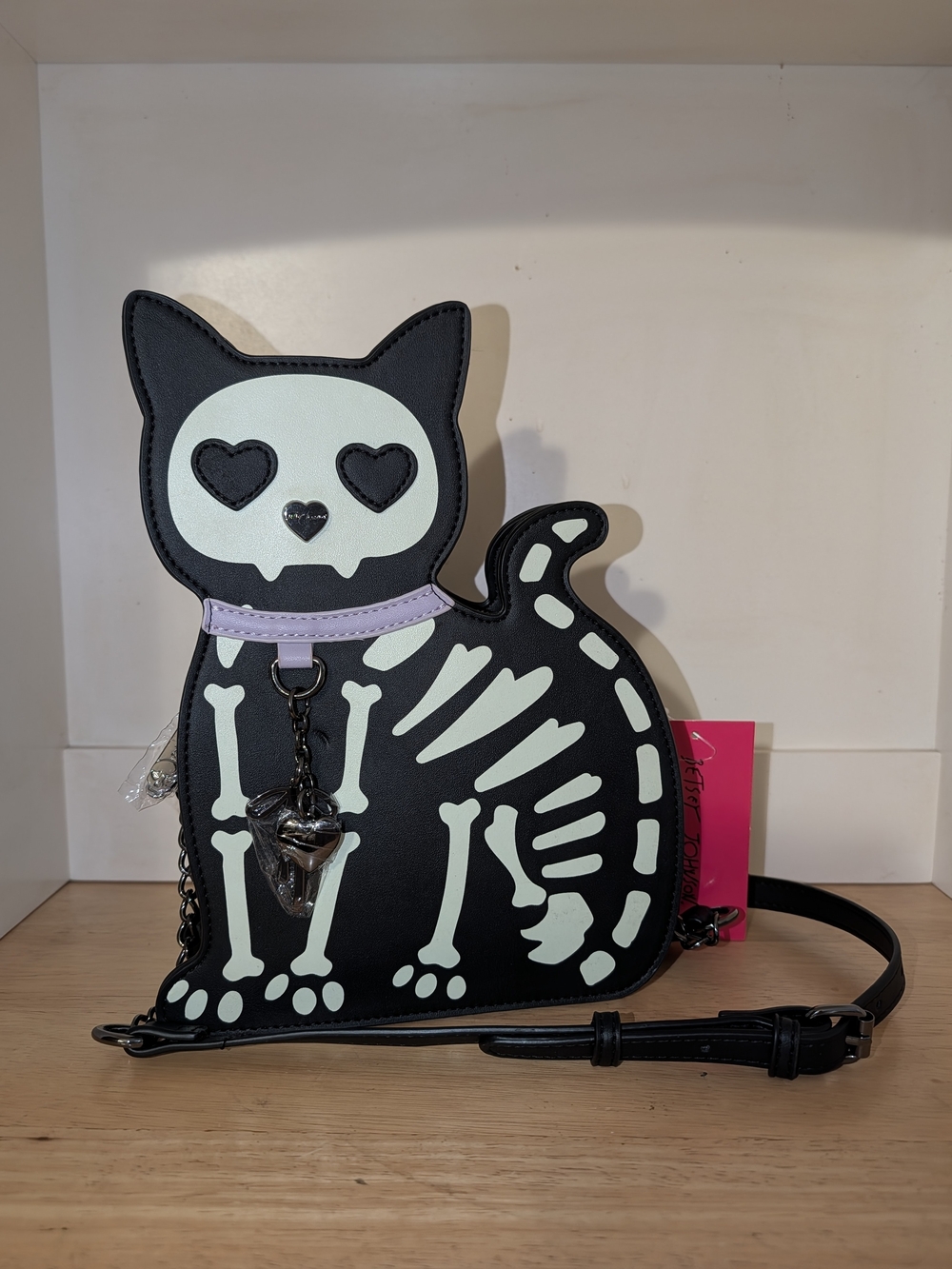 Betsey Johnson Black & Glow Skeleton Cat Crossbody Bag with Lavender Collar